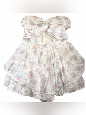 Altar'd State White Floral Strapless Romper with Pink & Blue Accents